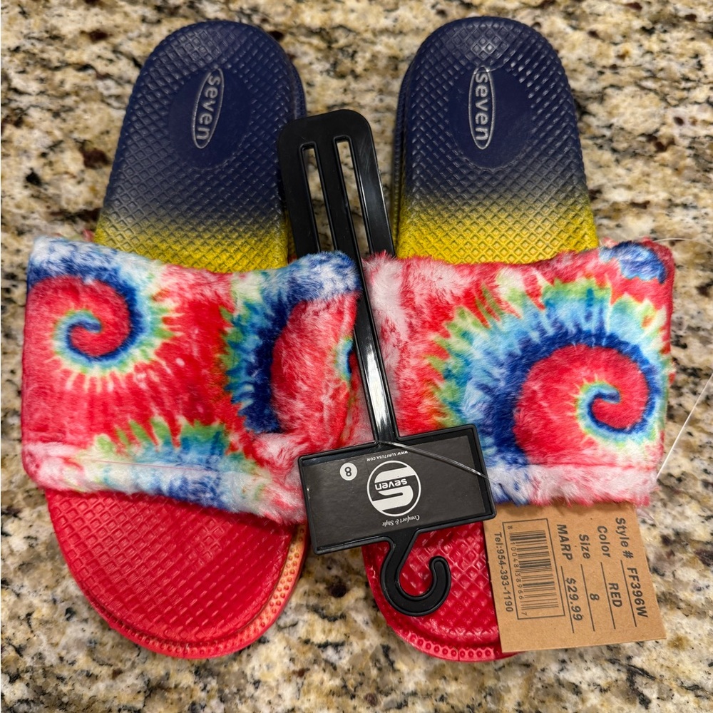 Seven tie dyed faux fur rainbow colored slides Size 8